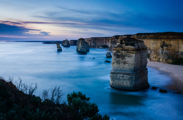 The 12 Apostles rock formation in Port Campbell National Park, a major Australian natural landmark on the Great Ocean Road. A long exposure of the 12 Apostles taken at night.