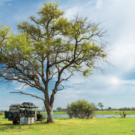 Stationary safari truck, Okavango Delta, Chobe National Park, Botswana, Africa