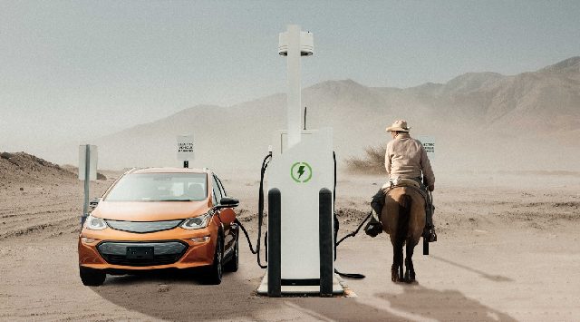 EV car charging Wild West cowboy