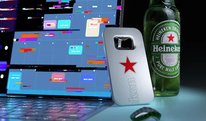 Photo of a Heineken bottle with a laptop computer