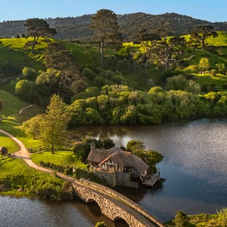 A sweeping view of Hobbiton in New Zealand
