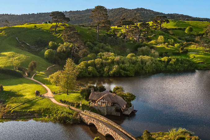 A sweeping view of Hobbiton in New Zealand