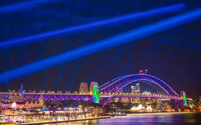 Vivid Sydney Bridge lights beams Harbour