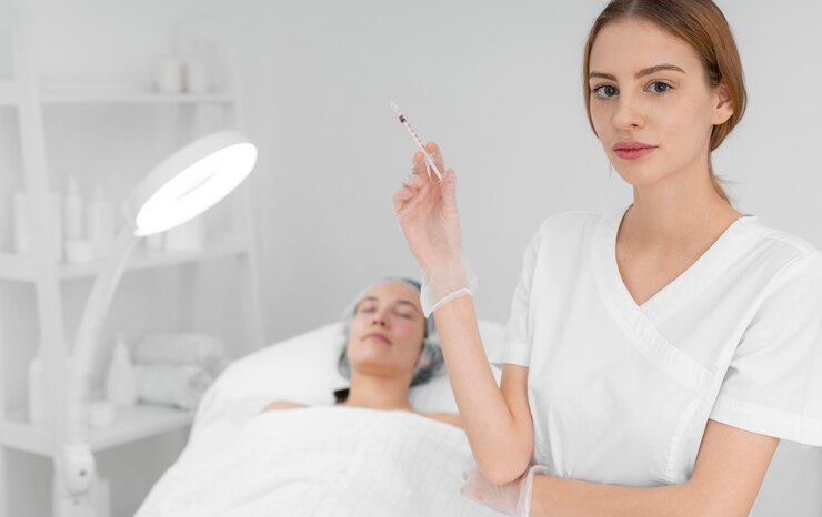 White woman with needle and patient